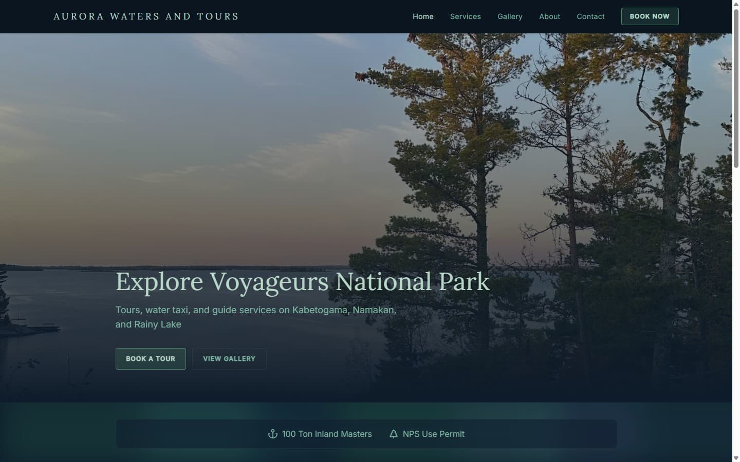 The Aurora Waters and Tours website built by Northwinds: a Kabetogama tour, water-taxi, and guide service in Voyageurs National Park.