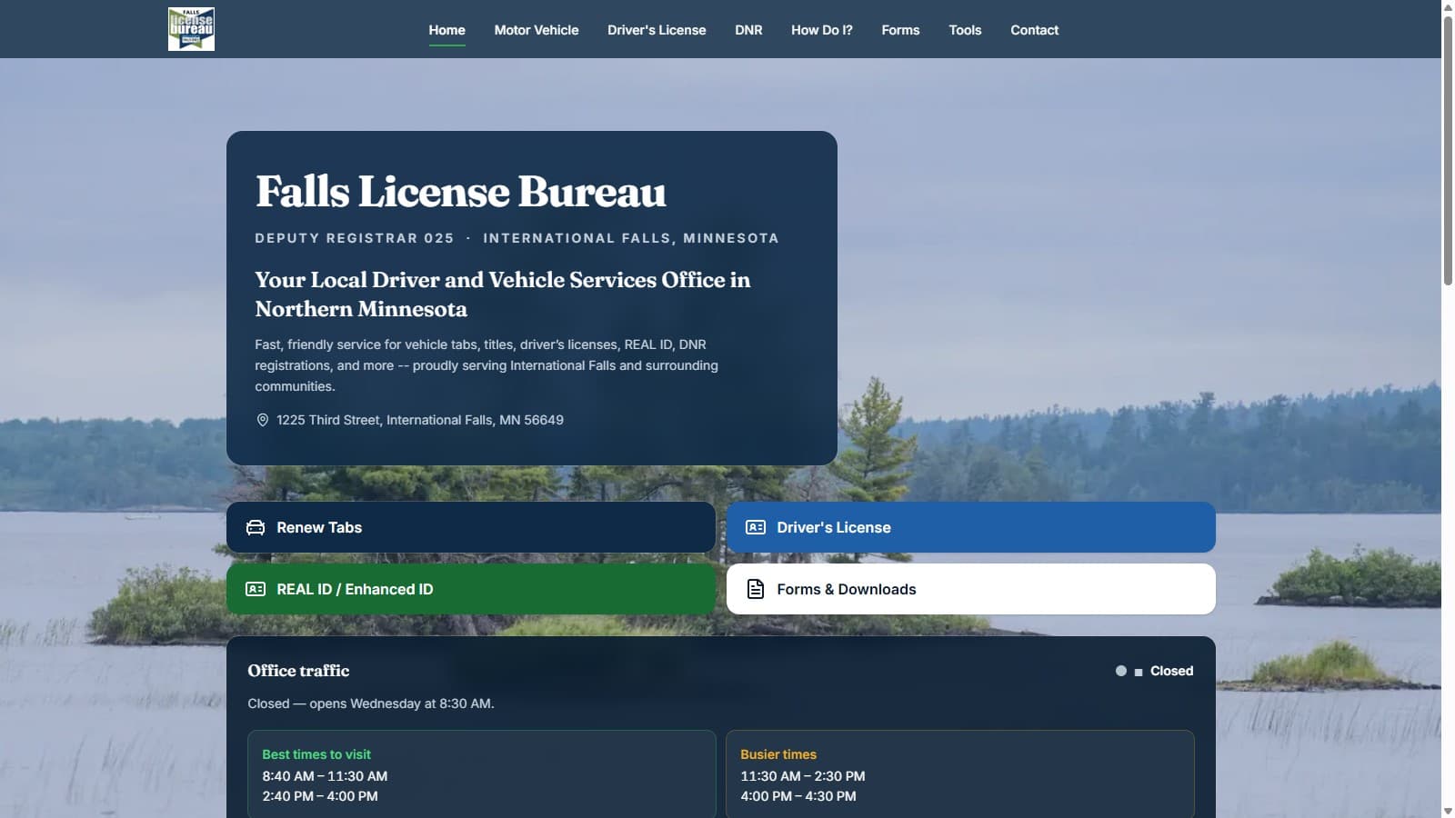The Falls License Bureau website built by Northwinds: the deputy registrar office for International Falls, with quick-access service buttons and an office-traffic guide over a Rainy Lake photo.