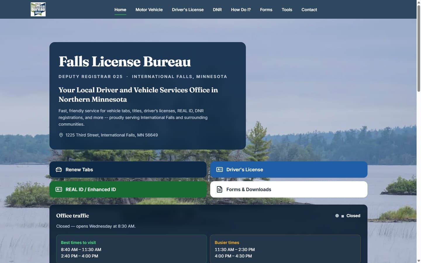The Falls License Bureau website built by Northwinds: the deputy registrar office for International Falls, MN, with quick-access service buttons over a Rainy Lake photo.