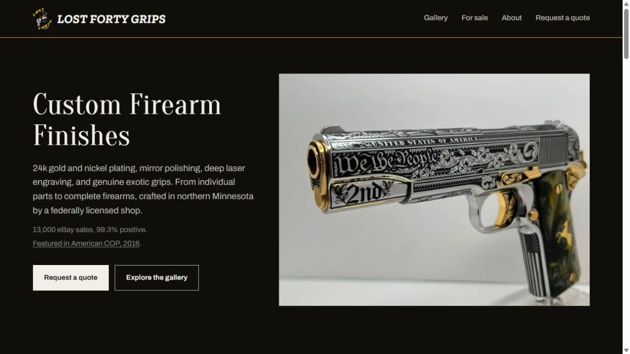 Lost Forty Grips website, with a dark and gold design, large project photography, and links to request a quote or explore the gallery.
