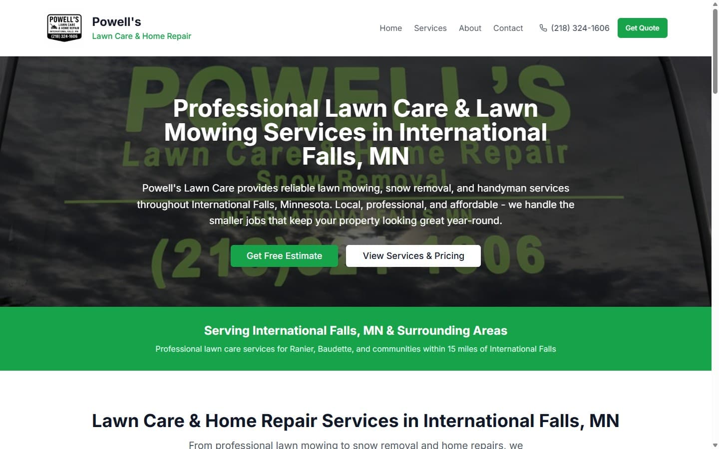 The Powell's Lawn Care website built by Northwinds: a lawn care, snow removal, and home repair business in International Falls, MN.